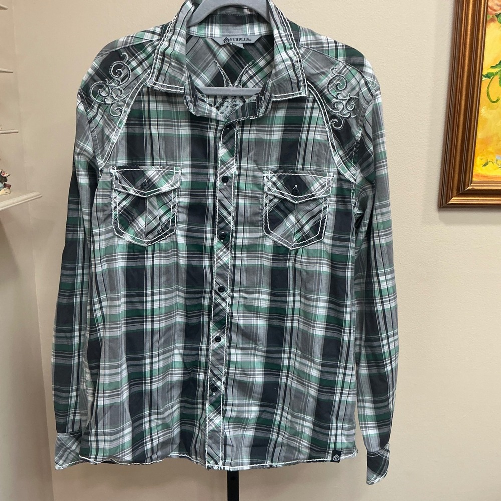 Surplus Button Down Shirt Large Green Plaid Tribal Embroidery Contrast Stitch